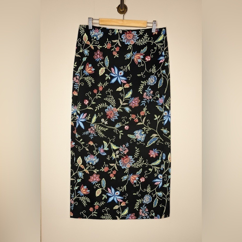 Talbots Black Floral Wrap Midi Skirt Botanical‎ Cotton Cottagecore Size 14
